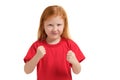 Close-up portrait mad young girl about to have nervous atomic breakdown, fist up in air, angry with someone isolated Royalty Free Stock Photo