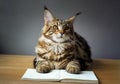 Close-up portrait of Maine Coon cat sitting on a wooden table and reading a book, selective focus, copyspace Royalty Free Stock Photo