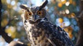 Close up portrait of majestic great horned owl in northern lights style, showcasing iconic features Royalty Free Stock Photo