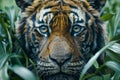 Close Up Portrait of a Majestic Tiger Amidst Lush Greenery, Intense Gaze of a Wild Predator, Stunning Detail of Endangered Species Royalty Free Stock Photo
