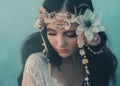 Close-up portrait - makeup of a river nymph, in gentle green, yellow, peach hues. The brunette girl with an unusual Royalty Free Stock Photo