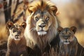 Close-up portrait of an male lion with two lion cubs on nature background. Royalty Free Stock Photo