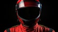 Close-up portrait of a male racer in a red helmet. Generative AI