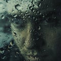 Close-up portrait of a man behind the glass with raindrops.