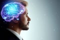 Close up portrait of a man from the side in profile and a hologram of a working brain. The concept of intelligence, brain work, Royalty Free Stock Photo