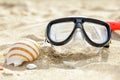 Mask and snorkel on the sand with seashells Royalty Free Stock Photo