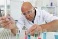 close-up portrait mature male researcher holding flask with blue-liquid Royalty Free Stock Photo