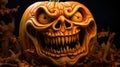 halloween sinister smile pumpkin in black background with vines Royalty Free Stock Photo