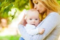 Close up portrait of mother kissing her infant baby Royalty Free Stock Photo