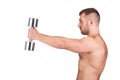 Close-up portrait of Muscular guy doing exercises with dumbbells over white background Royalty Free Stock Photo