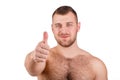 Close-up portrait of Muscular guy doing exercises with dumbbells over white background Royalty Free Stock Photo