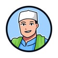 Close-up portrait of a Muslim male character wearing a Muslim cap, kopiah, songkok. round, circle avatar icon vector illustration.
