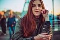 Close up portrait natural redhead girl. Thick straight long red hair. Unusual beauty. Freckled skin face. Ginger freckles. Royalty Free Stock Photo