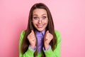 Close-up portrait of nice attractive cheerful cheery glad girl geek waiting great news isolated over pink pastel color