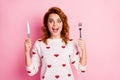 Close-up portrait of nice attractive hungry cheerful cheery foxy wavy-haired girl holding in hands crockery want wish Royalty Free Stock Photo