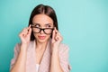 Close-up portrait of nice attractive lovely winsome lovable pretty cheerful girlish straight-haired lady peeking