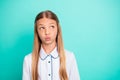 Close-up portrait of nice-looking attractive lovely girlish winsome charming pensive pre-teen girl pout lips isolated on Royalty Free Stock Photo