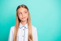 Close-up portrait of nice-looking attractive lovely winsome charming pensive curious smart clever pre-teen girl 