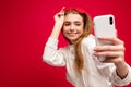 Close-up portrait nice-looking charming attractive lady making taking selfie isolated over bright vivid shine red Royalty Free Stock Photo