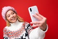 Close-up portrait nice-looking charming attractive lady making taking selfie isolated over bright vivid shine red Royalty Free Stock Photo