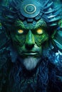 A close up portrait of norse god Loki with a green face. Generative AI image.