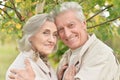 Portrait ofbeautiful senior couple hugging in the park Royalty Free Stock Photo