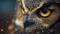 Close-up portrait of an owl with golden sparkles on a dark background. Royalty Free Stock Photo