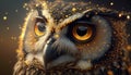 Close-up portrait of an owl with golden sparkles on a dark background. Royalty Free Stock Photo