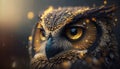 Close-up portrait of an owl with golden sparkles on a dark background. Royalty Free Stock Photo