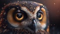 Close-up portrait of an owl with golden sparkles on a dark background. Royalty Free Stock Photo