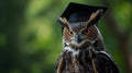 Close up portrait of an owl in a graduation cap on a green background