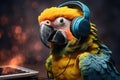 close-up portrait of a parrot wearing headphones