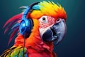 close-up portrait of a parrot wearing headphones