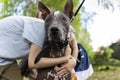 Close-up portrait of a pedigreed dog xoloitzcuintli Mexican naked and children hug it. A beautiful bald dog looks into
