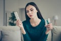 Close-up portrait photo of unhappy suffering from pain disappointed she her lady using taking fresh drugs holding glass