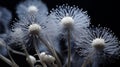 Closeup Photo Of White Dandelion Flowers In Dark Silver And Indigo Style