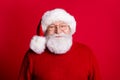 Close up portrait of positive cheerful old man retired pensioner wear bright sweater santa claus hat enjoy holly jolly