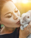 Close-up of Pretty Asian Kissing Bunny on Summer Nature
