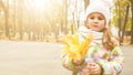 Close-up portrait of pretty little girl at autumn holding leaves resting in autumnal park Royalty Free Stock Photo