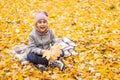 Close-up portrait of pretty little girl resting in autumnal park Royalty Free Stock Photo