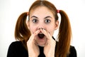 Close up portrait of pretty redhead teenage girl shouting Royalty Free Stock Photo
