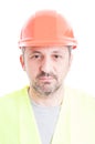 Close-up portrait of professional handsome constructor with helm