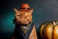 Close-up portrait of red cat cowboy near big pumpkin on black background. Halloween banner
