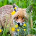 Close-up portrait red fox vulpes hidden in grass Royalty Free Stock Photo