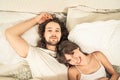 Close up portrait of romantic young couple in bed at home Royalty Free Stock Photo