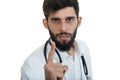 A close-up portrait of a rude, frustrated, upset doctor isolated on a white background Royalty Free Stock Photo