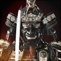 Close up portrait of a Samurai Japanese warrior wearing traditional light armor and wielding a katana.