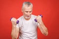 Close-up portrait Of A Senior Man Exercising with dumbbells against red Background Royalty Free Stock Photo