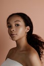 Close up portrait of sensual young female. Clean skin. Healthy care. Portrait of beautiful african american in hat isolated Royalty Free Stock Photo