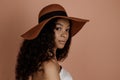 Close up portrait of sensual young female in hat. Clean skin. Healthy care. Portrait of beautiful african american in hat isolated Royalty Free Stock Photo